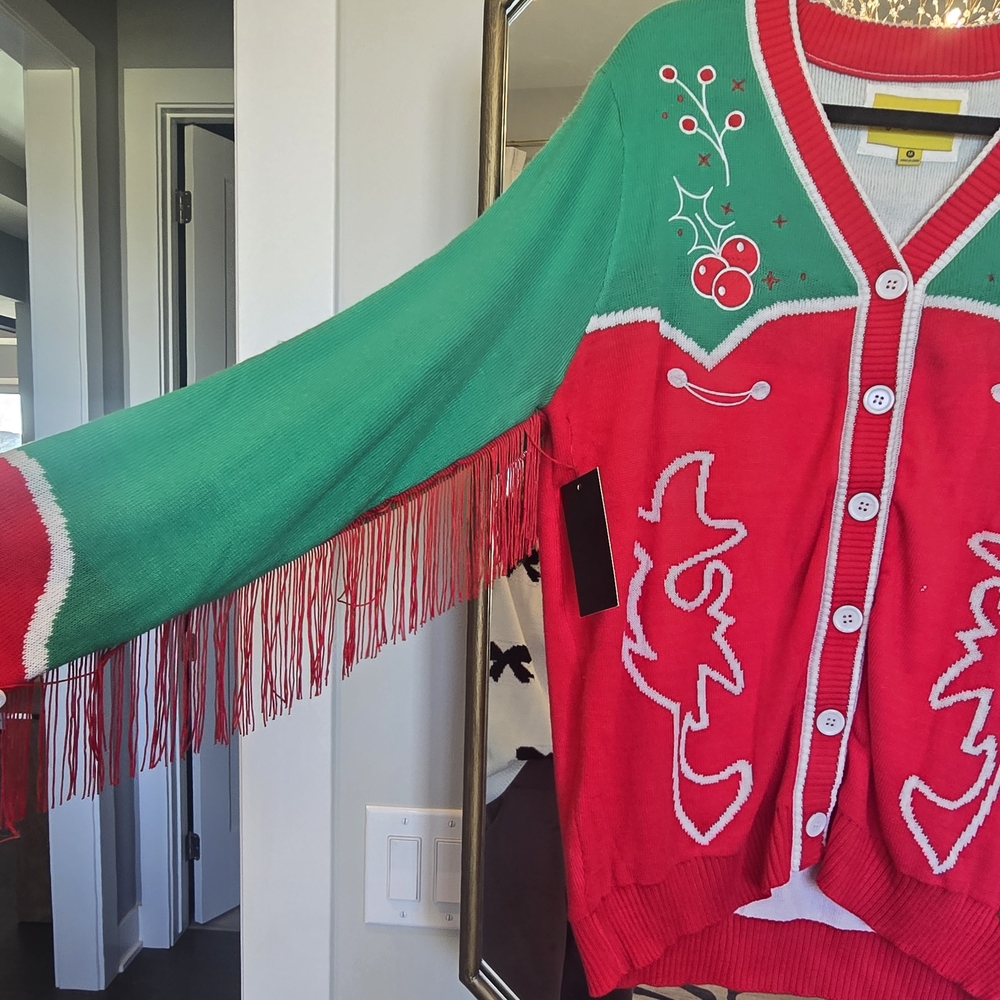 Green and Red Fringe Sweater